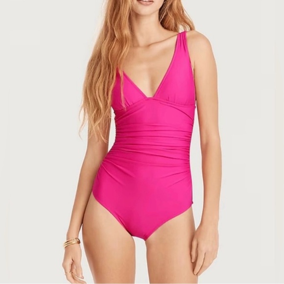 J.Crew Ruched V-Neck One-Piece Swimsuit, Size 4 Radiant Fuchsia - Picture 1 of 8